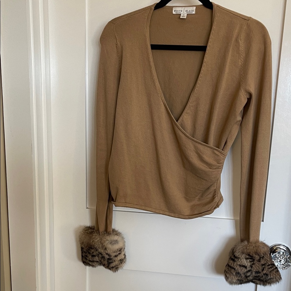 VINTAGE White House Black Market Tan Wrap Sweater with Fur Cuffs
